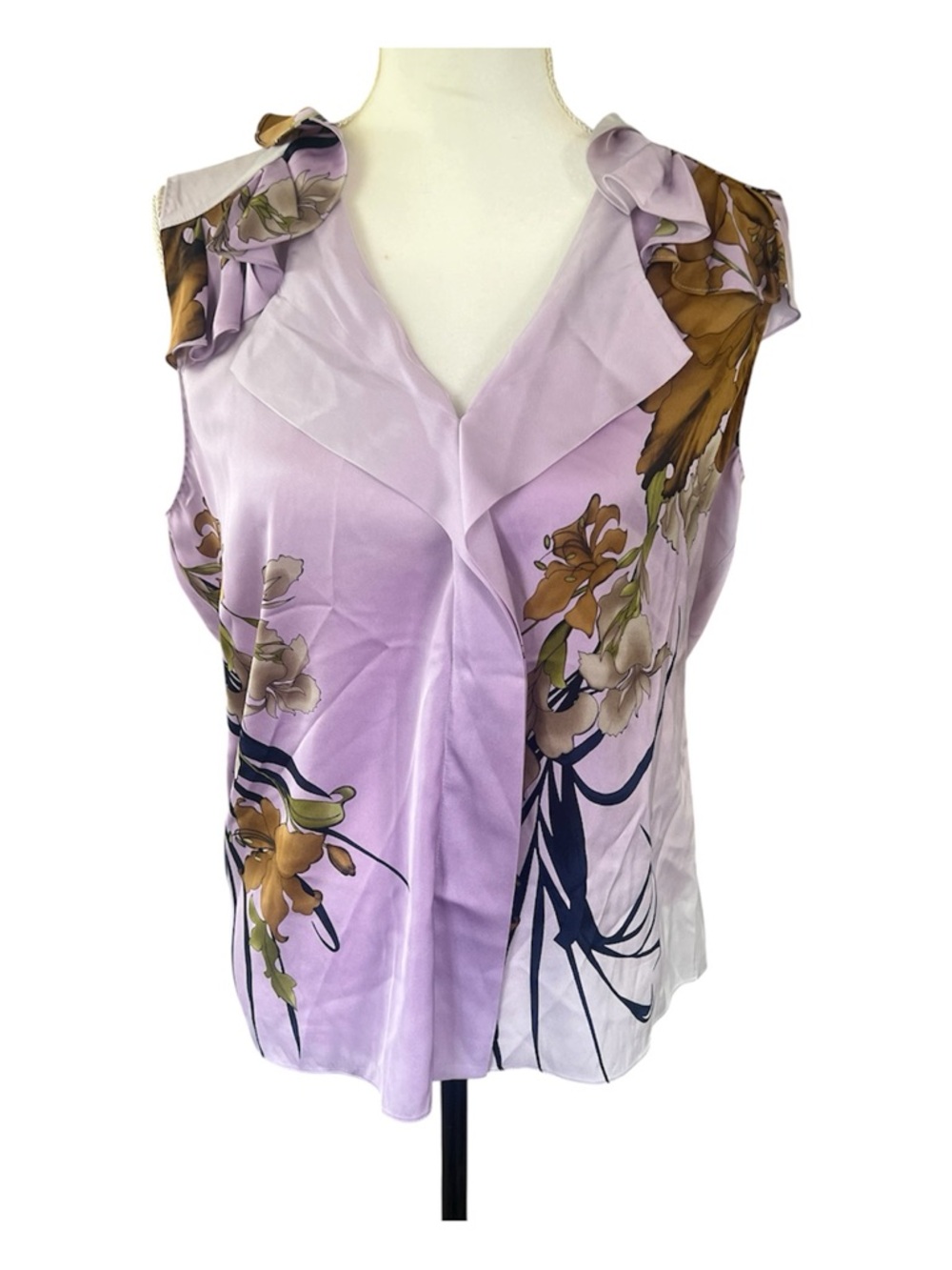 Elie Tahari Floral Silk Ruffle Neck Lavender Blouse Size Large - Picture 6 of 8